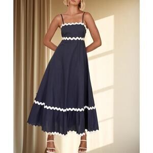 Navy midi sundress with rickrack trim cottagecore brunch Sz Large preppy LOAIHA